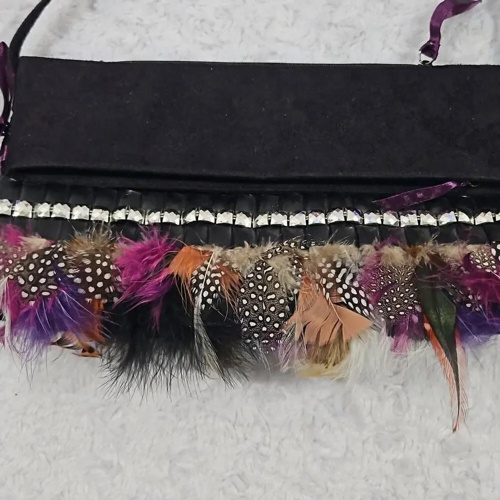 Rare Victorias Sceret Feathered Boho Style Black and silver velvet rivet Purse